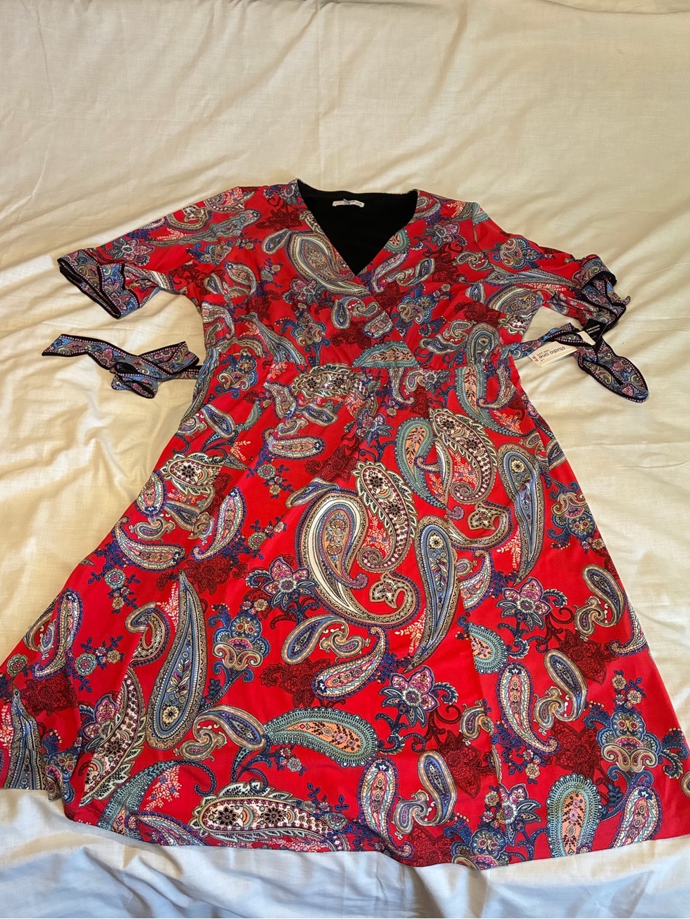 Studio One Plus Size 22W Red Paisley Faux Wrap Dress NWT Tie Waist Midi Dress - Picture 5 of 12